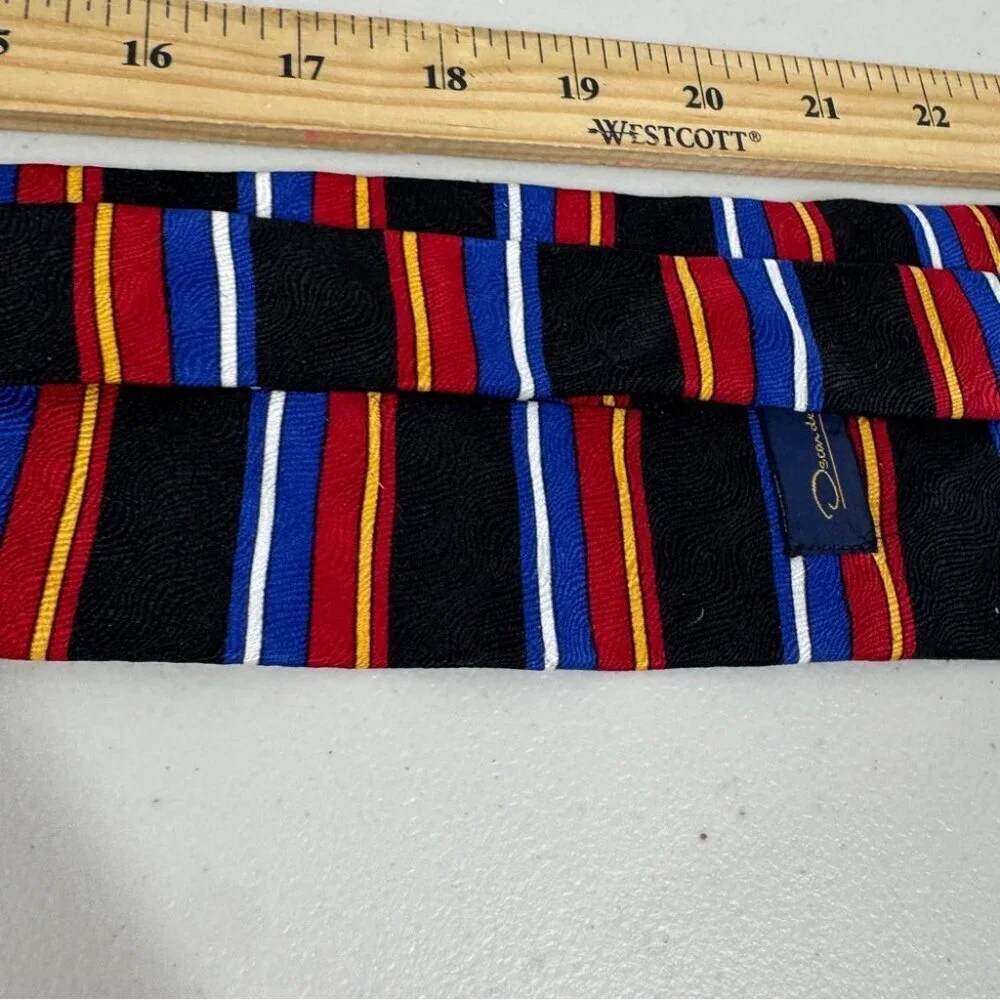 VTG Oscar de la Renta Striped Black Tie with Red and Blue Accents Textured